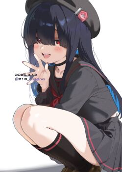 1girl :d artist_name beret black_hair black_hat black_serafuku black_socks blue_archive blush brown_shoes dated hair_over_eyes hat highres itinana justice_task_force_member_(blue_archive) kneehighs loafers long_hair long_sleeves neckerchief open_mouth red_neckerchief sailor_collar school_uniform serafuku shoes simple_background skirt smile socks solo squatting teeth thighs tongue twitter_username watermark white_background