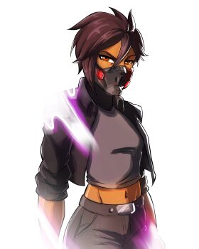 1girl absurdres breasts brown_eyes brown_hair commentary crop_top cropped_jacket dark-skinned_female dark_skin dispatch english_commentary fleurashdesign hair_between_eyes highres invisigal_(dispatch) jacket looking_at_viewer mask midriff mouth_mask navel pants partially_invisible short_hair simple_background small_breasts solo spoilers white_background