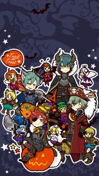 5girls 6+boys ;) absurdres alternate_costume animal_ears animal_hands bad_id bad_pixiv_id bat_(animal) black_cape black_jacket black_pants black_wings blonde_hair blue_hair blue_hat blue_jacket blue_pants blush_stickers boots bright_pupils brown_boots brown_hair brown_shoes buttons cape charles_perrault_(grimms_notes) chibi cinderella_(grimms_notes) closed_mouth coat cross_scar crossed_arms demon_horns dwarf_(grimms_notes) earrings english_text eyepatch facial_scar fang fingerless_gloves full_body ghost_costume glasses gloves green_hair gretel_(grimms_notes) grey_hair grimms_notes hair_between_eyes halloween halo hansel_(grimms_notes) hat highres holding holding_sword holding_weapon hook_hand horns jacket jacob_grimm_(grimms_notes) jewelry long_hair looking_at_viewer low_ponytail ludwig_grimm_(grimms_notes) male_focus misoshiru_umai4 multiple_boys multiple_girls one_eye_closed one_eye_covered open_mouth outline pants paw_gloves pirate_hat planted planted_sword planted_weapon ponytail prince_wald_(grimms_notes) pumpkin pumpkin_hat purple_pants red_coat red_hair red_horns red_pants red_riding_hood_(grimms_notes) red_rose_(grimms_notes) scar scar_on_cheek scar_on_face shirt shoes short_hair sitting smile speech_bubble standing star_(symbol) striped_clothes striped_pants striped_shirt sword tail weapon white_outline white_pupils white_rose_(grimms_notes) white_wings wilhelm_grimm_(grimms_notes) wings witch_hat yellow_eyes