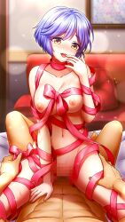 Rule 34 | 1boy, 1girl, blue hair, blush, breasts, censored, collarbone, cowgirl position, doukyuusei, doukyuusei another world, game cg, girl on top, head tilt, indoors, large breasts, lens flare, looking at viewer, mosaic censoring, naked ribbon, nipples, official art, on bed, open mouth, pink ribbon, pov, ribbon, short hair, solo focus, sparkle, straddling, straight hair, sweatdrop, tamachi hiromi, thigh strap, vaginal, yellow eyes