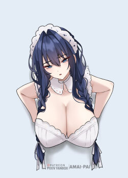 Rule 34 | 1girl, absurdres, amai-pai, apron, artist name, bare arms, blue eyes, blue hair, braid, breasts, cleavage, collar, commentary, detached collar, english commentary, fanbox username, glory wall, hair between eyes, hair intakes, hair over shoulder, hair tie, hanging breasts, head tilt, highres, hololive, hololive english, immobilization, large breasts, long hair, looking at viewer, low twin braids, maid, maid apron, maid headdress, official alternate costume, official alternate hairstyle, ouro kronii, ouro kronii (maid), parted lips, partially undressed, patreon logo, patreon username, pixiv username, puritan collar, restrained, shadow, solo, stuck, through wall, twin braids, virtual youtuber, white apron, white collar