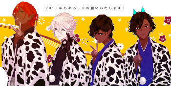 Rule 34 | 4boys, absurdres, animal print, arjuna (fate), arjuna alter (fate), ashwatthama (fate), blue eyes, brown hair, chinese zodiac, commentary request, cow print, dark-skinned male, dark skin, eyeliner, fate/grand order, fate (series), flower, fuka (hk nemo), grin, hair between eyes, hakama, highres, japanese clothes, karna (fate), makeup, male focus, multiple boys, ok sign, plum blossoms, red eyeliner, red hair, seigaiha, short hair, smile, translation request, v, white hair, year of the ox, yellow eyes