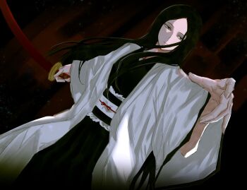 1girl anima_tion_1 black_eyes black_hakama bleach bleach:_sennen_kessen-hen dutch_angle expressionless hakama haori highres holding holding_sword holding_weapon japanese_clothes long_hair minazuki_(bankai) obi sash shihakusho solo sword taichou_haori unohana_retsu weapon white_haori wide_sleeves