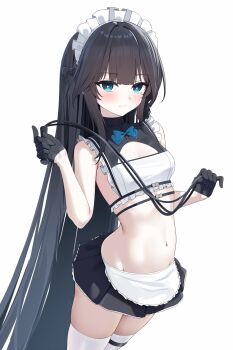 1girl absurdres azur_lane bare_shoulders black_gloves black_hair black_skirt blue_eyes blush breasts clarence_k._bronson_(azur_lane) clarence_k._bronson_(special_functional_testing)_(azur_lane) cleavage cleavage_cutout clothing_cutout commentary_request cropped_shirt gloves groin hands_up highres holding holding_whip light_frown long_hair maid_headdress microskirt navel pleated_skirt shirt skirt sleeveless sleeveless_shirt small_breasts solo standing stomach thighhighs very_long_hair wavy_mouth zerotwenty_(020)