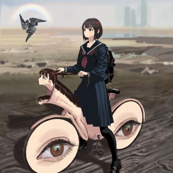 3girls absurdres backpack bag biblically_accurate_angel bicycle bird black_pantyhose blue_sailor_collar blue_skirt bow brown_eyes brown_hair creepy day deformed hair_bow highres hiramedousa loafers medium_hair multiple_girls neckerchief original outdoors pantyhose pigeon pleated_skirt rainbow red_neckerchief sailor_collar school_uniform serafuku shoes short_hair skirt twintails what