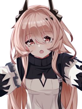 1girl :o absurdres ame-ciel arknights black_dress black_horns breasts cleavage cleavage_cutout clothing_cutout commentary dress hair_between_eyes hair_intakes highres horns long_hair looking_at_viewer open_mouth pink_eyes pink_hair simple_background small_breasts solo theresa_(arknights) upper_body white_background white_dress