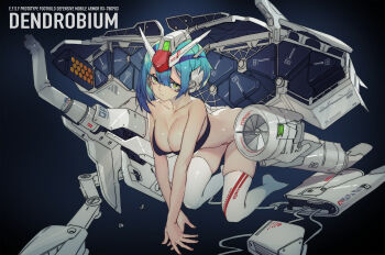 1girl bare_arms bare_shoulders blue_hair bra broken broken_weapon cannon dendrobium_schema female_focus grandia_lee green_eyes gundam gundam_0083 gundam_gp-03_stamen highres looking_at_viewer mecha_musume rocket_launcher short_hair solo underwear weapon white_legwear