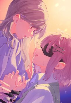 Rule 34 | 2girls, amaori renako, blindfold, brown eyes, brown hair, collared shirt, commentary request, cuffs, face-to-face, flower hairpin, hair ornament, hand on another's face, handcuffs, highres, long hair, looking at another, medium hair, mou liang, multiple girls, open mouth, pink hair, sena ajisai, shirt, sweatdrop, sweater vest, twitter username, upper body, watashi ga koibito ni nareru wake naijan murimuri!, white shirt, x hair ornament, yuri