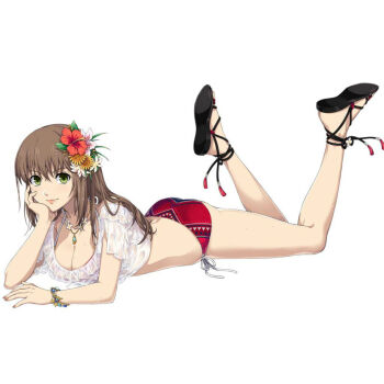 1girl akatsuki_no_kiseki alternate_costume ao_no_kiseki ass bare_legs bikini bikini_bottom_only black_sandals bracelet breasts brown_hair cleavage crop_top duvalie eiyuu_densetsu enami_katsumi falcom female_focus flower full_body green_eyes hair_flower hair_ornament head_rest jewelry lips long_hair looking_at_viewer lying medium_breasts necklace official_art on_stomach red_bikini sandals sen_no_kiseki_(series) sen_no_kiseki_i side-tie_bikini_bottom simple_background smile solo swimsuit wet wet_clothes white_background zero_no_kiseki