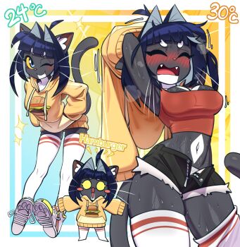 1girl :d animal_ears black_hair black_shorts black_skin blush blush_stickers burger_print cat_ears cat_girl cat_tail colored_sclera colored_skin commentary crop_top english_commentary fangs food_print furry furry_female highres hood hoodie looking_at_viewer medium_hair navel open_clothes open_mouth open_shorts orange_hoodie original red_shirt shirt shorts skindentation smile stomach tail thighhighs white_thighhighs xuao2000 yellow_sclera