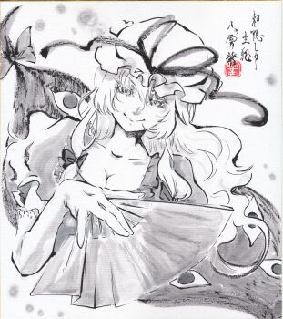 1girl absurdres breasts cleavage commentary_request dress elbow_gloves gap_(touhou) gloves greyscale hand_fan hat hat_ribbon highres holding holding_fan long_hair mob_cap monochrome puffy_short_sleeves puffy_sleeves ribbon shikishi short_sleeves solo sumi-e touhou traditional_media translation_request upper_body yakumo_yukari yuzuha_(yuzutime)