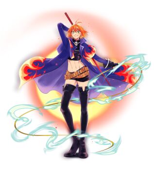 Rule 34 | 1girl, alpha transparency, antenna hair, belt, belt buckle, belted shorts, black gloves, black shorts, blue capelet, blue coat, blue sleeves, boots, breasts, brown belt, buckle, capelet, coat, collared capelet, crop top, cropped shirt, crossed belts, eyelashes, fingerless gloves, flame print, full body, gloves, green eyes, grin, high collar, holding, holding behind back, holding sword, holding weapon, holding weapon behind back, holding whip, jewelry, katana, knife, lapels, large breasts, light particles, long sleeves, looking to the side, midriff, mila nebraska, navel, necklace, nexon, orange hair, parted lips, print capelet, red belt, second-party source, shirt, short hair, shorts, simple background, skinny, skull necklace, skull ornament, sleeve cuffs, sleeveless, sleeveless shirt, smile, solo, standing, straight hair, sword, tales weaver, thigh boots, transparent background, turtleneck, turtleneck shirt, weapon, yusarang tale