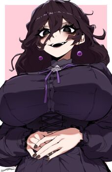 1girl @_@ bags_under_eyes black_dress black_eyes black_eyeshadow black_hair black_nails breasts commentary dress earrings eyeshadow fingernails gesugao hair_between_eyes hex_maniac_(pokemon) hex_maniac_(pokemon_legends:_z-a) huge_breasts j.k. jewelry juliet_sleeves large_earrings long_fingernails long_hair long_sleeves makeup nail_polish nintendo pokemon pokemon_legends:_z-a puffy_sleeves ribbon ringed_eyes sphere_earrings