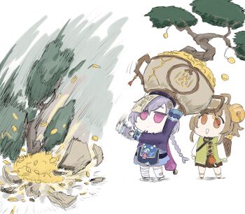 2girls basket bead_necklace beads bell bonsai bow-shaped_hair braid brown_eyes brown_hair coin coin_hair_ornament dress genshin_impact hair_bell hair_ornament hat highres jewelry jiangshi jingle_bell long_hair long_sleeves multiple_girls necklace ofuda open_mouth plant potted_plant purple_eyes purple_hair qingdai_guanmao qiqi_(genshin_impact) short_hair sidelocks smile tama_(tamathersky) throwing yaoyao_(genshin_impact) yuegui_(genshin_impact)