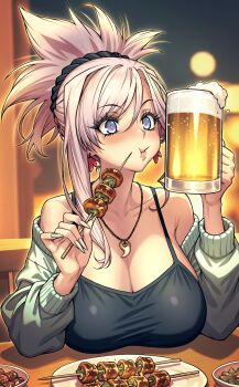 1girl absurdres alcohol bare_shoulders beer beer_mug blue_eyes blush breasts cleavage cup dynamitenatalia fate/grand_order fate_(series) highres large_breasts long_hair long_sleeves miyamoto_musashi_(fate) mug pink_hair solo