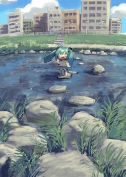 1girl :d ahoge aqua_hair black_skirt blue_sky building chibi cloud commentary_request day grass grey_shirt hatsune_miku highres kezuru miniskirt open_mouth outdoors ring_hair_ornament river rock scenery shirt skirt sky smile solo standing twintails v vocaloid