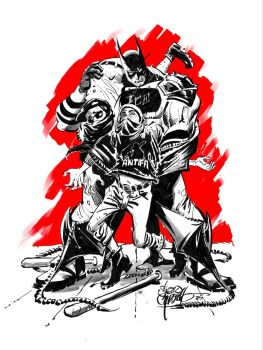 absolute_batman absolute_dc armor baseball_bat batman_(series) batman_symbol boots cape carrying carrying_person dc_comics dixonverse fighting_stance glasses highres masked monochrome muscular muscular_male partially_colored rope shoulder_armor signature simple_background tagme white_background