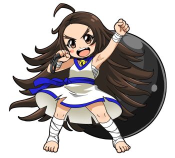 Rule 34 | 1girl, armpits, ball and chain (weapon), barefoot, blush stickers, brown eyes, brown hair, chang koehan, full body, genderswap, genderswap (mtf), long hair, looking at viewer, metal ball, open mouth, pretty chang, simple background, smile, solo, the king of fighters, the king of fighters all-stars, weapon, white background, yuuya (blue scarab)