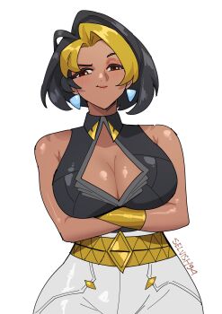 Rule 34 | 1girl, black hair, blonde hair, bob cut, breasts, cleavage cutout, clothing cutout, dark-skinned female, dark skin, domina (overwatch), earrings, gold bracer, highres, jewelry, large breasts, looking at viewer, multicolored hair, overwatch, selvish94, short hair, single bracer, skirt, smirk, two-tone hair