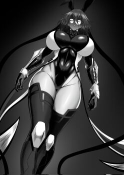 1girl action_taimanin angry artist_request black_leotard blank_eyes breasts cleavage covered_navel curvy dutch_angle elbow_gloves gloves greyscale hair_ribbon highleg highleg_leotard highres large_breasts leotard lips looking_at_viewer mature_female mizuki_shiranui monochrome revealing_clothes ribbon serious shaded_face shiny_skin simple_background solo taimanin_(series) taimanin_rpgx taimanin_suit taimanin_yukikaze thong_leotard wide_hips