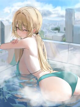 1girl absurdres ass back bare_shoulders bikini blonde_hair blush breasts fingernails from_behind highres laneigu large_breasts long_fingernails long_hair looking_back mole mole_on_cheek original pink_nails pool poolside sideboob swimsuit twintails water yellow_eyes