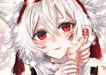 1girl 1other animal_ears bare_shoulders blood blood_on_clothes blood_on_face blood_on_hands blush commentary_request hair_between_eyes hand_on_another's_face hat holding_hands inubashiri_momiji light_smile looking_at_viewer red_eyes scratches shirt short_hair signature sleeveless sleeveless_shirt snow snowing solo soukou_(sankayou) tearing_up tokin_hat touhou twitter_username white_hair white_shirt wolf_ears wolf_girl