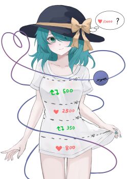 1girl ? absurdres aqua_eyes aqua_hair collarbone commentary dotted_line hair_over_one_eye highres komeiji_koishi kuro_wa_shinoru looking_at_viewer meme no_pants shirt simple_background solo speech_bubble third_eye touhou twitter_cutting_game white_background white_shirt