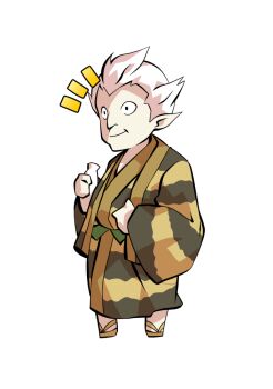 Rule 34 | 1boy, alphes (style), black eyes, bottle, commentary request, dairi, full body, hand on own stomach, holding, holding bottle, japanese clothes, kimono, large variant set, male focus, old, old man, parody, pointy ears, sandals, short hair, solo, standing, striped clothes, striped kimono, style parody, tachi-e, touhou, transparent background, uwabami (touhou), variant set