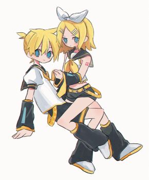 1boy 1girl bare_shoulders belt black_leg_warmers black_shorts black_sleeves blonde_hair blue_eyes boots brother_and_sister closed_mouth detached_sleeves from_side full_body hair_ornament hair_ribbon hairclip hand_up highres holding kagamine_len kagamine_rin leg_warmers long_sleeves looking_at_viewer neckerchief necktie number_tattoo puffy_short_sleeves puffy_sleeves ri_(qrcode) ribbon sailor_collar shirt short_hair short_shorts short_sleeves shorts siblings simple_background sitting sitting_on_person sleeveless sleeveless_shirt tattoo topknot twins vocaloid white_background white_boots white_ribbon white_shirt wide_sleeves yellow_belt yellow_neckerchief yellow_necktie