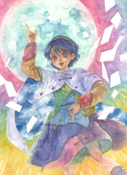 1girl blue_eyes blue_hair cape dress full_moon highres moon multicolored_dress open_mouth painting_(medium) patchwork_clothes pointing pointing_down pointing_up shiroma_(mamiko) short_hair sky_print smile solo tenkyuu_chimata touhou traditional_media two-sided_cape two-sided_fabric watercolor_(medium) white_cape