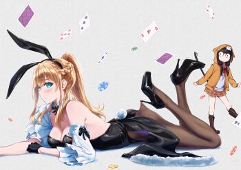 2girls absurdres ace_(playing_card) ace_of_hearts animal_ears animal_hood aqua_eyes asakura_karen_(heaven_burns_red) bare_shoulders black_bow black_gloves black_hair black_leotard blonde_hair blush boots bow bowtie braid breasts brown_hair brown_skirt bunny_day card cat_ears cat_tail cleavage coattails commentary crown_braid detached_collar detached_sleeves dice fake_animal_ears fake_tail fur_trim gloves green_eyes grey_background heart heaven_burns_red high_heels highres hood hoodie jacket lace_pantyhose_hooked_on_heel_(meme) leotard long_hair looking_at_viewer lying medium_breasts meme multiple_girls on_stomach orange_hoodie pantyhose playboy_bunny playing_card poker_chip ponytail rabbit_ears rabbit_tail raito_taisha shoes skirt spade_(shape) strapless strapless_leotard symbol-only_commentary tail the_pose toujou_tsukasa