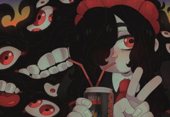 1girl black_hair can drink_can drinking_straw eldritch_abomination futaba_channel hair_over_one_eye long_hair maid_headdress neiroval nijiura_maids ozoi red_eyes solo teeth v wavy_hair