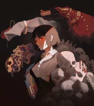 1girl black_coat black_hair blunt_bangs bob_cut breasts buttons chain cigarette coat collared_shirt commentary english_commentary gerxest highres holding holding_skull jewelry limbus_company looking_at_viewer mini_person out_of_frame pile_of_skulls project_moon reaching reaching_towards_another red_eyes red_nails ring ryoshu_(project_moon) shirt sidelighting skull solo symbolism upper_body white_shirt