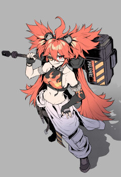 1girl absurdres ahoge animal_ears bare_shoulders bear_ears black_gloves breasts commentary crop_top eyepatch fake_animal_ears fingerless_gloves gloves hair_between_eyes hair_ornament highres holding koleda_belobog long_hair looking_at_viewer midriff navel pants red_eyes red_hair solo sphere_hair_ornament twintails yogert_chip zenless_zone_zero