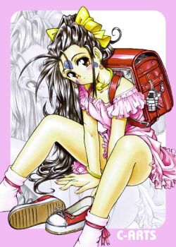 Rule 34 | 1girl, aa megami-sama, artist name, backpack, bad id, bag, bag charm, between legs, black hair, bow, bracelet, brown eyes, charm (object), closed mouth, collar, dress, earrings, facial mark, forehead mark, frilled dress, frills, hair bow, hand between legs, jewelry, long hair, maguta, pink dress, randoseru, red shoes, shoes, short dress, sitting, skuld (aa megami-sama), socks, solo, unworn shoes, white socks, yellow bow, zoom layer