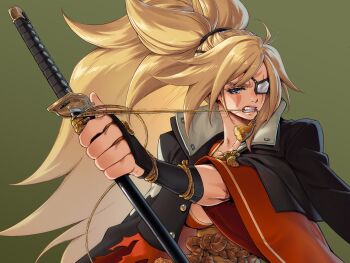 1girl baiken black_gloves black_jacket blonde_hair breasts eyepatch facial_mark fingerless_gloves gloves guilty_gear guilty_gear_xrd highres holding holding_sword holding_weapon irene_koh jacket jacket_on_shoulders japanese_clothes katana kimono long_hair long_sleeves official_alternate_color open_clothes open_jacket ponytail scabbard sheath sheathed simple_background solo sword weapon wide_sleeves