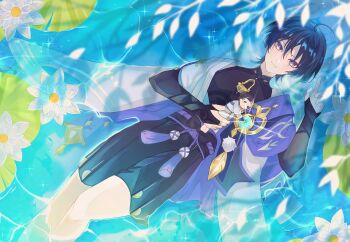 Rule 34 | 1boy, ahoge, anemo symbol (genshin impact), armor, belt, black belt, black bodysuit, black bow, black bridal gauntlets, black hair, black shorts, blue gem, blue hair, blue kimono, blue sleeves, blunt ends, bodysuit, bow, bridal gauntlets, bright pupils, cape, closed mouth, curled fingers, doll, eyeliner, feathers, flower, furisode, gem, genshin impact, glowing gem, gold, gold ring, hakama, hakama shorts, holding, holding doll, japanese armor, japanese clothes, juban, kimono, kote, kurokote, layered sleeves, lily (flower), lily pad, looking at viewer, makeup, male focus, mandarin collar, middle ring, multicolored hair, on liquid, open clothes, open kimono, pleated shorts, pom pom (clothes), pond, purple cape, purple eyes, purple rope, purple sash, red eyeliner, rope, sash, scaramouche (genshin impact), short sleeves, shorts, shoulder peek, smile, solo, streaked hair, stuffed toy, tassel, tiniloaf, tsurime, wading, wanderer (genshin impact), water, white flower, white kimono, white pupils, white sleeves, white trim, yellow feathers