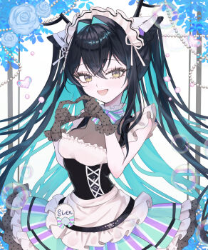 1girl :d alternate_costume black_hair blue_flower blue_rose blush breasts brown_eyes character_name commentary_request cone_hair_bun cowboy_shot double_bun dress eyelashes flower gloves goddess_of_victory:_nikke hair_between_eyes hair_bun heart heart_hands highres lace lace_gloves lens_flare little_mermaid_(nikke) long_hair looking_at_viewer medium_breasts multicolored_hair open_mouth po_poko rose see-through_clothes see-through_sleeves smile solo standing two-tone_hair very_long_hair