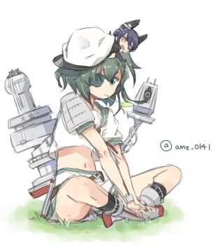 2girls amana_(pocketkey) armor black_socks boots eyepatch grass green_eyes green_hair hat headgear kantai_collection kiso_(kancolle) looking_at_viewer midriff mini_person minigirl mouth_hold multiple_girls navel neckerchief on_head purple_hair red_neckerchief sailor_collar school_uniform serafuku sitting skirt socks stalk_in_mouth tenryuu_(kancolle) twitter_username white_hat white_skirt yellow_eyes