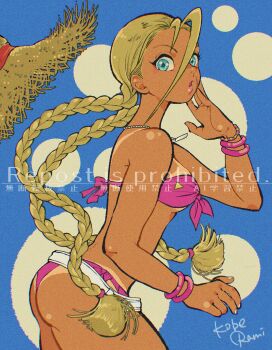 1girl absurdres ahoge artist_name ass bare_shoulders belt bikini blonde_hair blue_background blue_eyes bracelet braid breasts cammy_white commentary_request cowboy_shot facial_scar hair_between_eyes hand_on_own_cheek hand_on_own_face hat highres jewelry koberakobe long_hair medium_breasts necklace parted_lips pink_bikini scar scar_on_cheek scar_on_face solo straw_hat street_fighter street_fighter_6 swimsuit tan tanline twin_braids underboob unworn_hat unworn_headwear white_belt white_nails