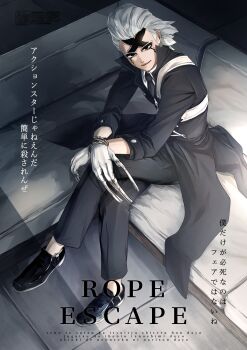 1boy absurdres black_coat black_eyes black_jacket black_necktie black_pants bound bound_wrists character_name claw_(weapon) claws coat copyright_name crossed_legs dr._stone facial_mark from_above full_body gloves highres indoors jacket long_sleeves looking_at_viewer male_focus mitsuru_(aica_hikari) necktie pants shirt shoes sitting smile solo weapon white_gloves white_hair xeno_(dr.stone)