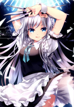 Rule 34 | 1girl, :q, absurdres, alternate hair length, alternate hairstyle, apron, arms up, between fingers, black skirt, black vest, blue eyes, braid, collared shirt, cowboy shot, green ribbon, grey hair, highres, holding, holding knife, izayoi sakuya, knife, knives between fingers, long braid, long hair, looking at viewer, maid headdress, mimi (mimi puru), neck ribbon, puffy short sleeves, puffy sleeves, ribbon, scan, shirt, short sleeves, side braids, skirt, solo, third-party source, tongue, tongue out, touhou, translation request, very long hair, vest, waist apron, white apron, white shirt, wrist cuffs