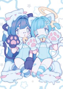 Rule 34 | 2girls, :3, absurdres, animal ears, animal hands, bandage on cheek, bandage on knee, bandaid, bandaid on face, bandaid on leg, bandaid on nose, bell, blue bow, blue eyes, blue hair, blush stickers, bow, cat ears, cat tail, downturned eyes, fish in mouth, full body, gloves, hair intakes, hair ornament, halo, hands up, highres, jingle bell, kneeling, long hair, multiple girls, naco artworks, one eye closed, one side up, open mouth, original, paw gloves, school swimsuit, shoes, short eyebrows, single thighhigh, star (symbol), star hair ornament, striped clothes, striped thighhighs, swimsuit, tail, tenshi kaiwai, thighhighs, white shoes, yellow halo