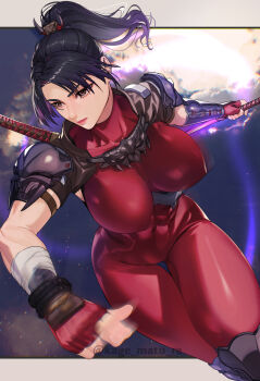 Rule 34 | 1girl, absurdres, arm guards, armor, black hair, bodysuit, breasts, brown eyes, closed mouth, commentary request, covered erect nipples, fingerless gloves, gloves, glowing, glowing sword, glowing weapon, hand tattoo, highres, impossible bodysuit, impossible clothes, kagematsuri, kodachi, motion blur, ninja, ponytail, red bodysuit, short sword, shoulder armor, skin tight, sleeveless, sleeveless bodysuit, solo, soul calibur, sword, taki (soulcalibur), tattoo, toned, toned female, weapon