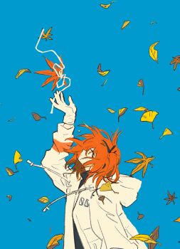 a.i._voice adachi_rei arm_up black_sweater blue_background closed_mouth commentary_request from_side gloves highres hood hooded_jacket jacket leaf long_sleeves looking_up open_clothes open_jacket orange_eyes orange_hair profile ribbon sfrabbit simple_background sweater turtleneck turtleneck_sweater utau white_gloves white_jacket white_ribbon