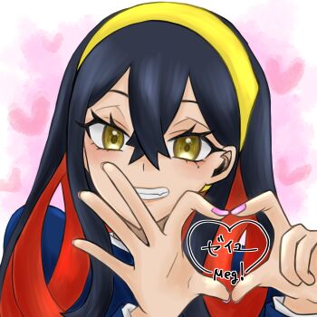 1girl appleberry9 black_hair blue_jacket carmine_(pokemon) colored_inner_hair crossed_bangs derivative_work eyelashes fang four-finger_heart_hands hair_between_eyes hairband heart heart_hands highres jacket long_hair long_sleeves looking_at_viewer mole mole_under_eye multicolored_hair nintendo pink_nails pokemon pokemon_sv red_hair smile solo teeth two-tone_hair upper_body yellow_eyes yellow_hairband