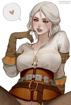 1girl artist_name belt breasts brown_belt brown_gloves ciri collarbone freckles gloves green_eyes heart highres hotaru_sen long_sleeves looking_at_viewer medium_breasts medium_hair pants parted_lips patreon_username scar scar_across_eye scar_on_face shirt simple_background smile solo the_witcher_(series) upper_body white_background white_hair white_shirt