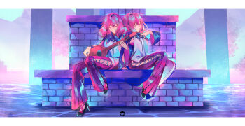 2girls absurdres blunt_bangs closed_eyes commentary cross-laced_clothes cross-laced_legwear devola fountain guitar hair_between_eyes hand_on_own_chest high_heels highres instrument letterboxed long_hair multiple_girls music nier nier_(series) open_mouth outdoors pants playing_guitar playing_instrument popola red_hair red_pants siblings singing sisters sitting teabreak23 twins