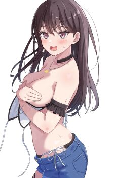 !? 1girl absurdres azakura_(beniyomogi) bang_dream! bang_dream!_it&#039;s_mygo!!!!! bikini bikini_bottom_under_shorts bikini_under_clothes black_hair blue_shorts blush breasts commentary_request commission covering_breasts covering_privates dress highres large_breasts long_hair mole open_mouth pixiv_commission purple_eyes shiina_taki shorts simple_background solo sweatdrop swimsuit wardrobe_malfunction white_background