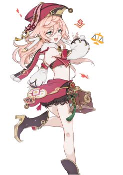 antlers aqua_eyes armpit_crease bare_shoulders black_boots boots crop_top detached_sleeves genshin_impact hat high_heel_boots high_heels highres horns long_sleeves looking_at_viewer midriff open_mouth pink_hair red_hat revealing_clothes simple_background smile solo sushi_171 vision_(genshin_impact) white_background yanfei_(genshin_impact)